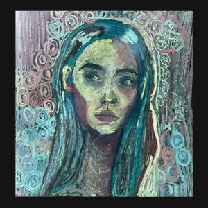 Dazed Abstract Portrait Wall Art in Blue and Pink 12x12 glass framed